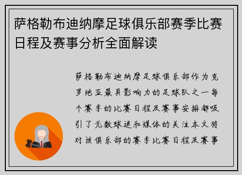 萨格勒布迪纳摩足球俱乐部赛季比赛日程及赛事分析全面解读