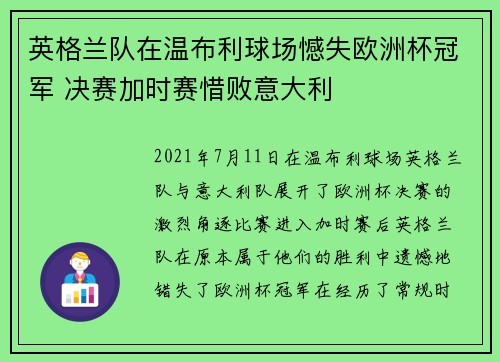 英格兰队在温布利球场憾失欧洲杯冠军 决赛加时赛惜败意大利 英格兰队在温布利球场憾失欧洲杯冠军 决赛加时赛惜败意大利
