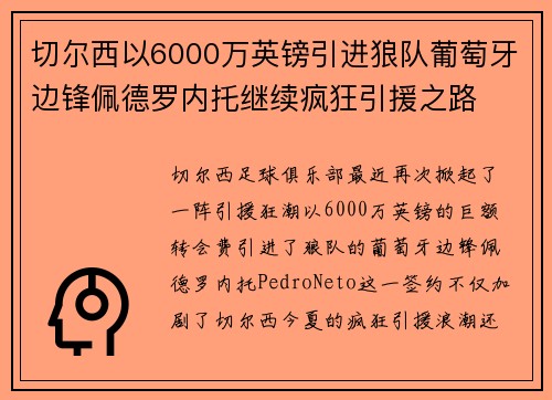 切尔西以6000万英镑引进狼队葡萄牙边锋佩德罗内托继续疯狂引援之路 切尔西以6000万英镑引进狼队葡萄牙边锋佩德罗内托继续疯狂引援之路